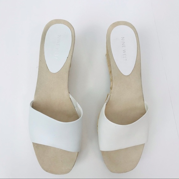 Nine West Librao Leather Straw Raffia Platform Wedge Square Toe Heel Sandals - Picture 5 of 9